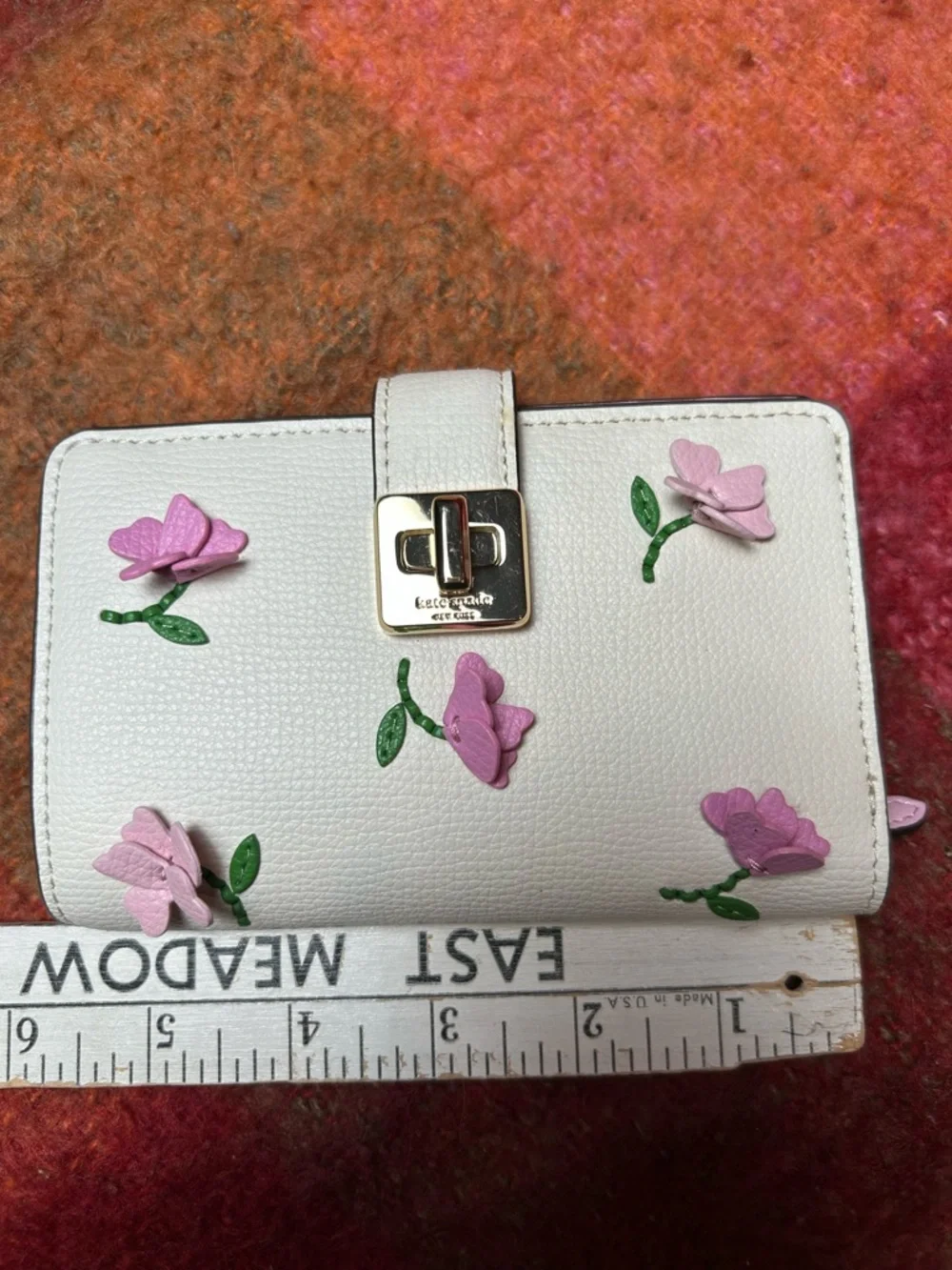 kate spade White Leather Wallet with Pink Floral Appliqué and Green Leaves